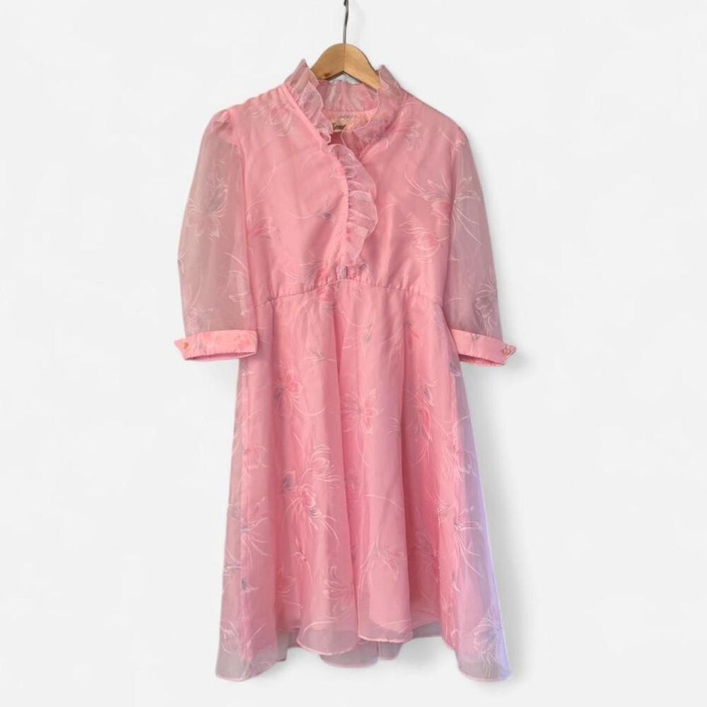 Vintage Coquette Pink Floral Dress with Ruffle Detail and Zipper Unique Kawaii - Picture 2 of 6